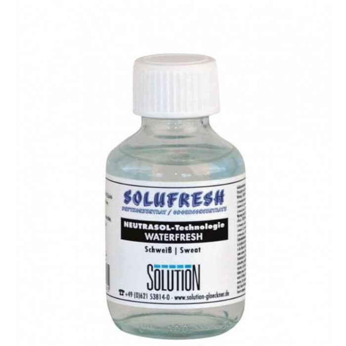 Klare glasflasche mit weißem geriffeltem verschluss und transparentem flüssig, solufresh duftkonzentrat waterfresh schweiß