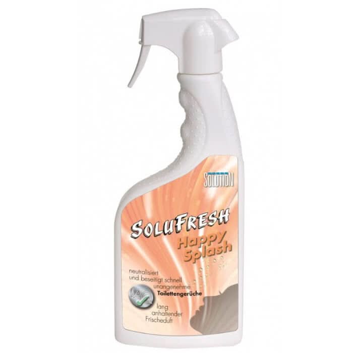 Weiße plastik-sprühflasche mit orangenem und beigem solufresh happy splash etikett für toilettenraumduft