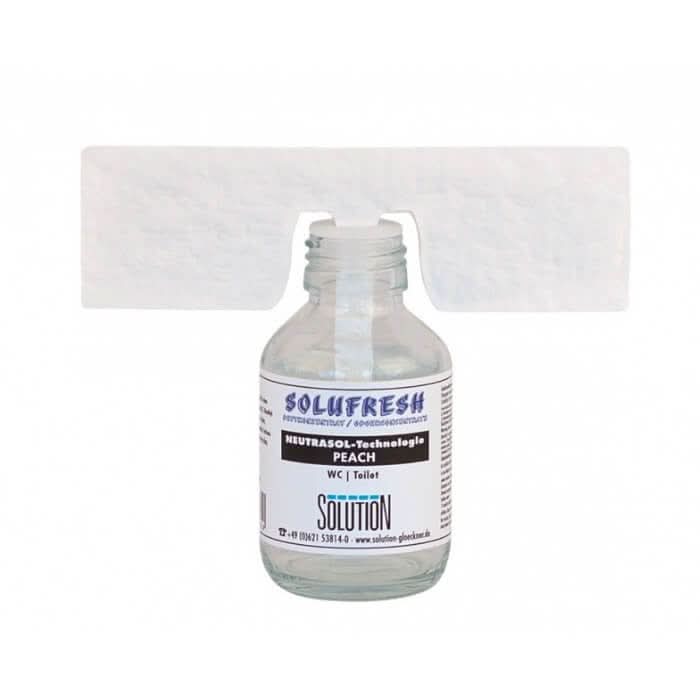 Klar glasflasche mit weißem etikett und blauer schwarzer schrift solufresh neutrasol technologie pfirsich wc toilettenlösung
