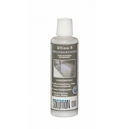 Eine klare kunststoffflasche mit weißem geripptem verschluss und etikett ultima r edelstahlreiniger von solution, 250 ml spezialgrundreiniger