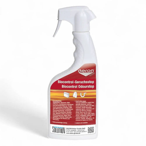 Weiße plastik-sprühflasche mit rotem und orangefarbenem aeron label biocontrol-geruchsstop zur geruchsbeseitigung