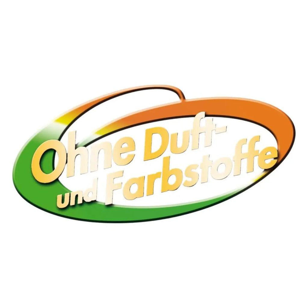 Das logo zeigt die phrase ohne duft- und farbstoffe in goldener 3d schrift auf grün-orange verlaufendem oval für solution-glöckner alcali 1l