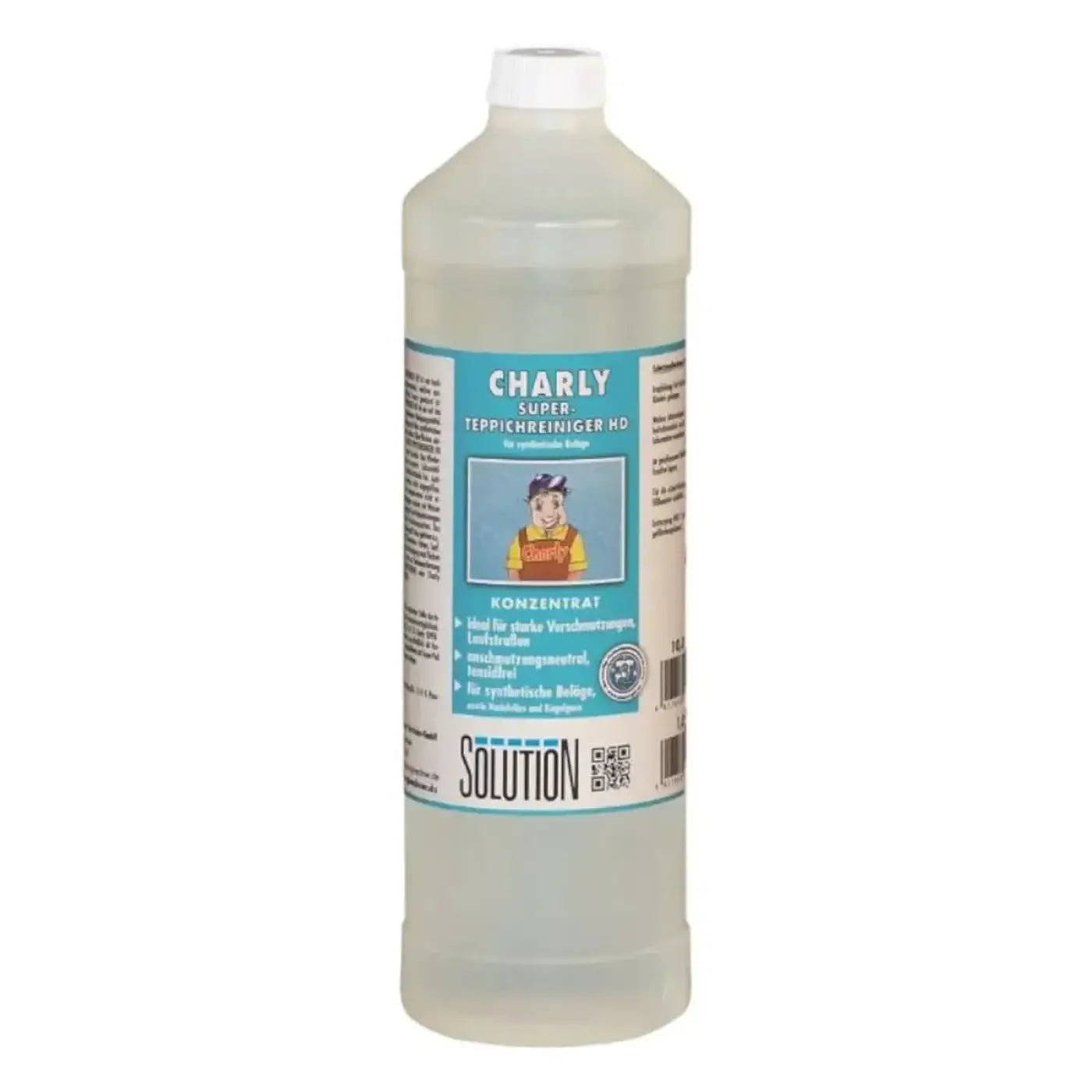 Eine klare kunststoffflasche mit weißem deckel und teal-schwarzem text auf hellblauem etikett charly superteppichreiniger hd