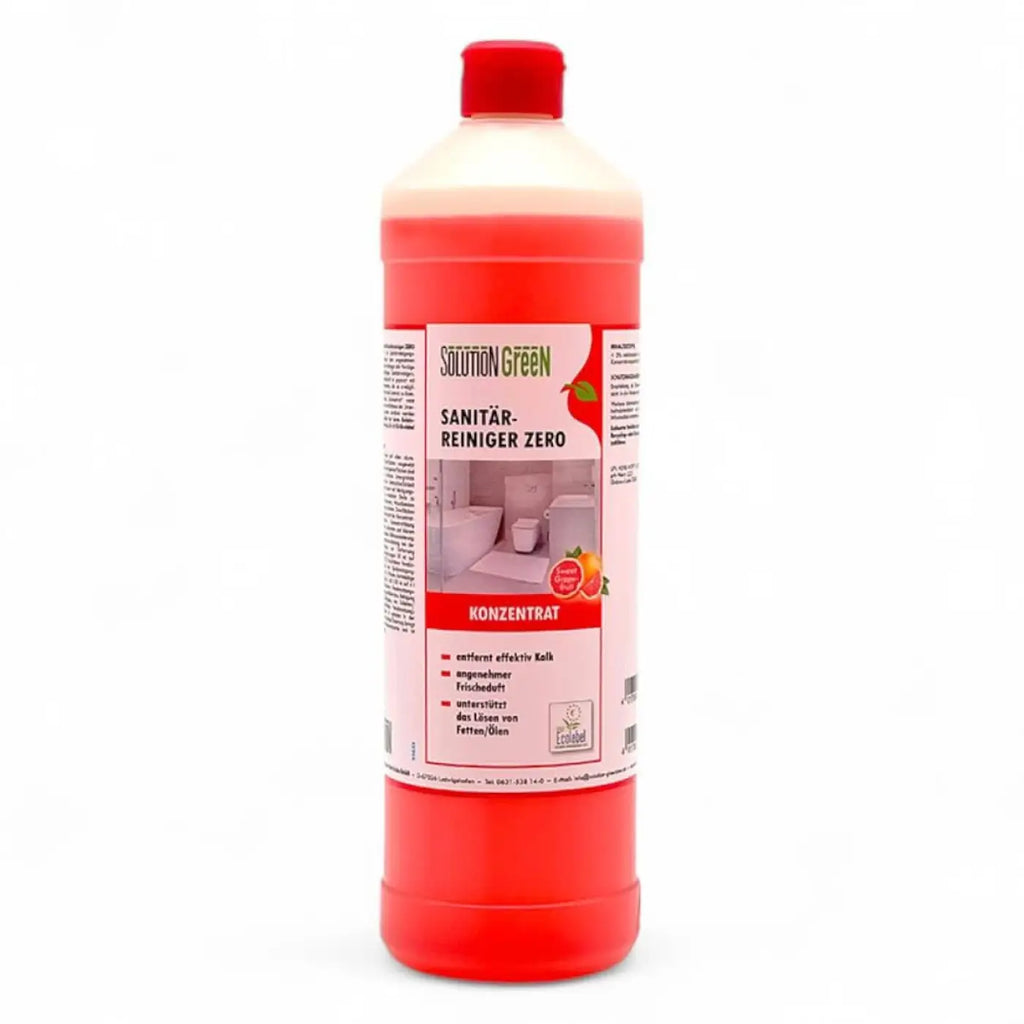 Roter kunststoffflasche mit solution-glöckner green sanitär-reiniger zero konzentriert für badezimmer reinigung