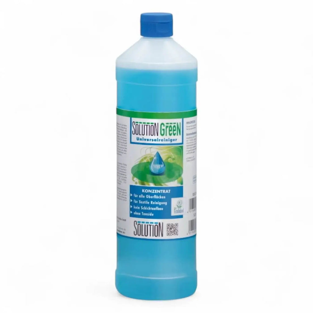 Eine durchsichtige blaue flasche lösung glöckner green universalreiniger konzentrat mit blauem deckel und grünem etikett