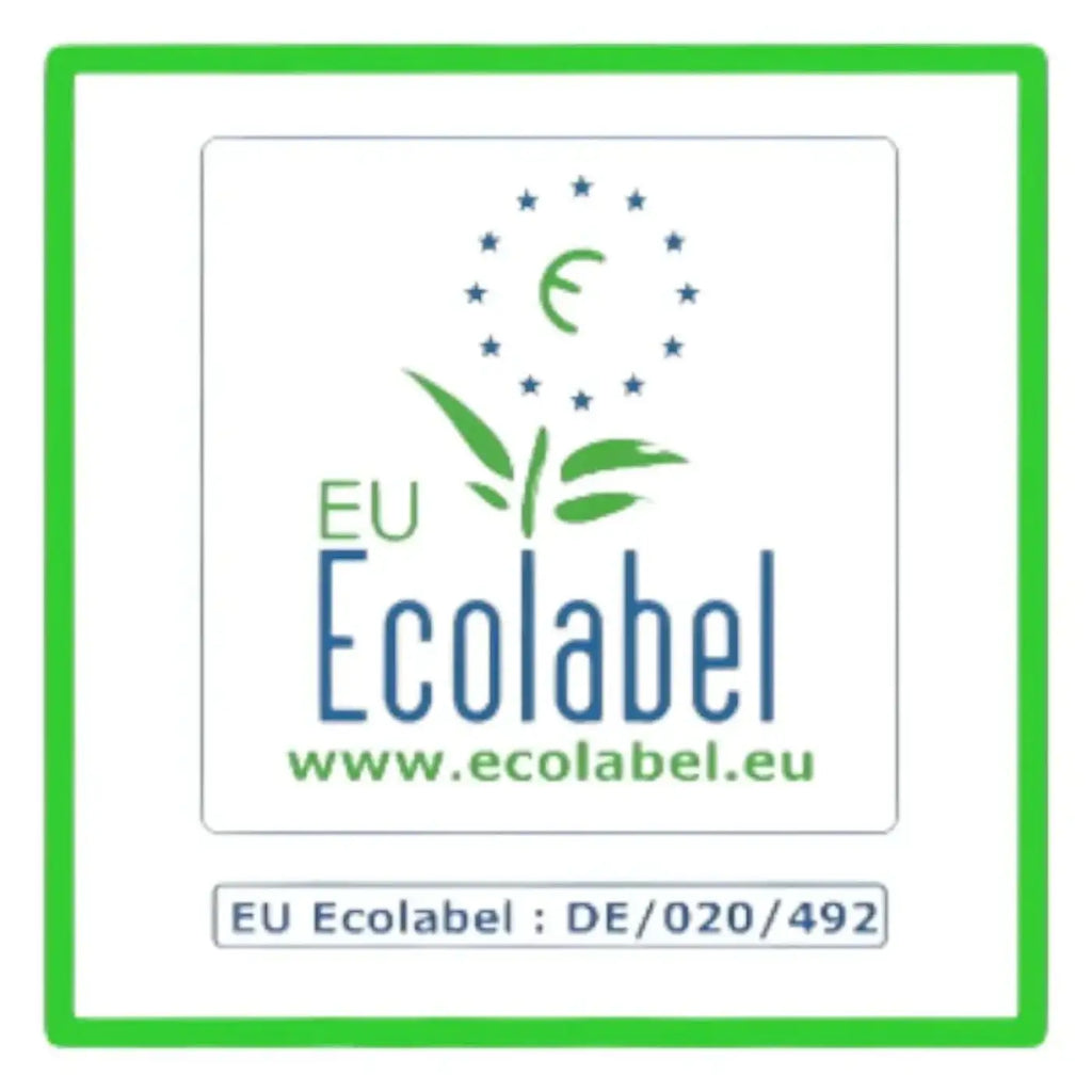 Eu ecolabel zertifizierung logo mit grünem blatt und blauen sternen auf lösung glöckner green universalreiniger konzentrat
