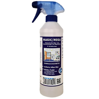 Weißes plastik-sprühflasche mit blauem auslöser und magic mega etikett für glasklarreiniger und edelstahlreiniger