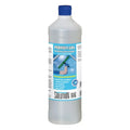 Klarer kunststoffflasche mit blauem deckel und blauem etikett mit perfekt-sol professionellem fensterreiniger