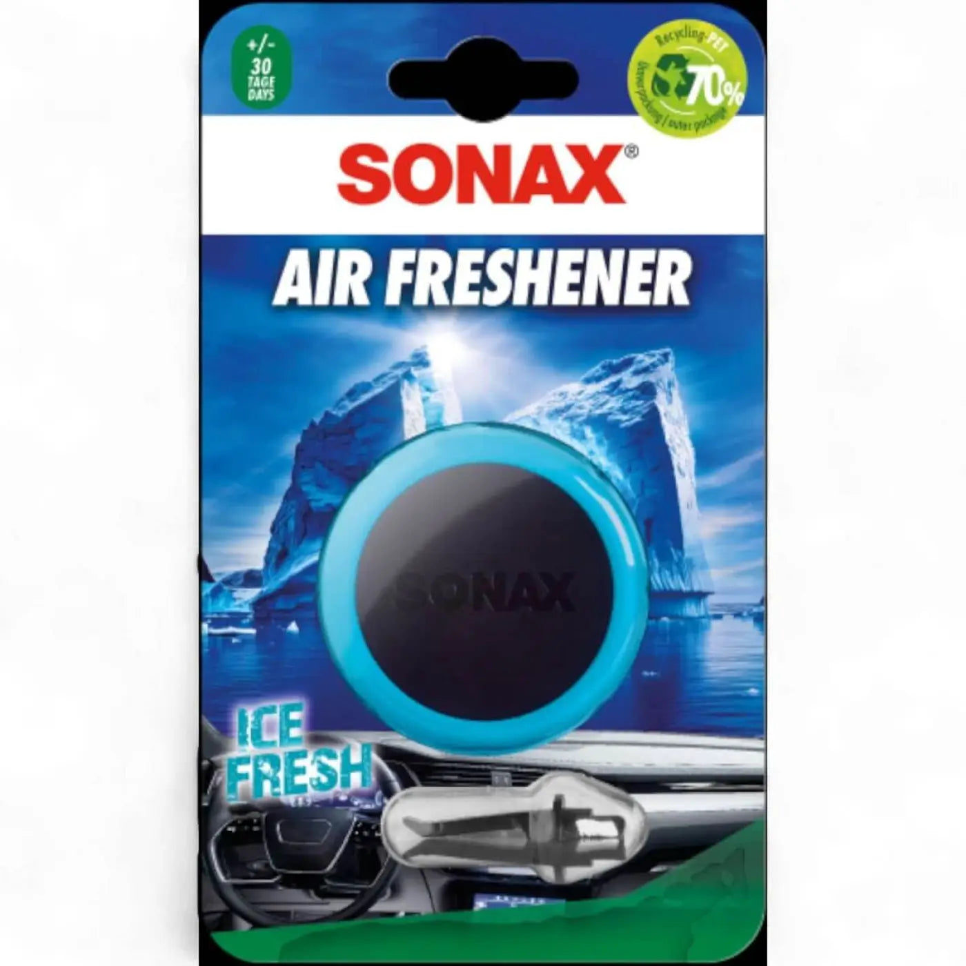 Sonax air freshener langanhaltende frische mit blauem kreisdesign und schwarzem mittelteil für das auto