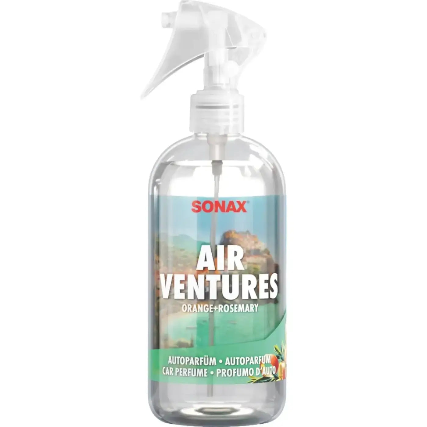 Klarer kunststoff-sprühflasche mit weißem abzug, sonax air ventures orange rosemary autoparfüm 300ml etikett