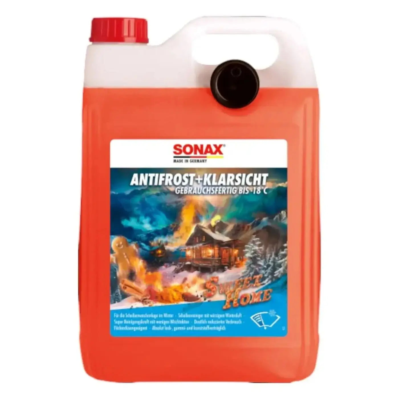 Sonax antifrost klarsicht orange scheibenwaschflüssigkeit in weißem kunststoffkanister mit rotem deckel und schwarzem ausguss