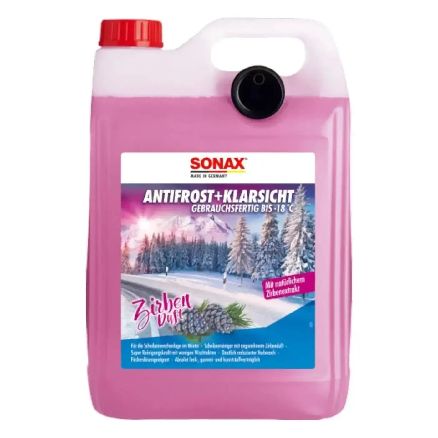 Pink sonax antifrost+klarsicht scheibenwaschflüssigkeit in weißem kunststoffkanister mit rotem verschluss bis minus 18 grad