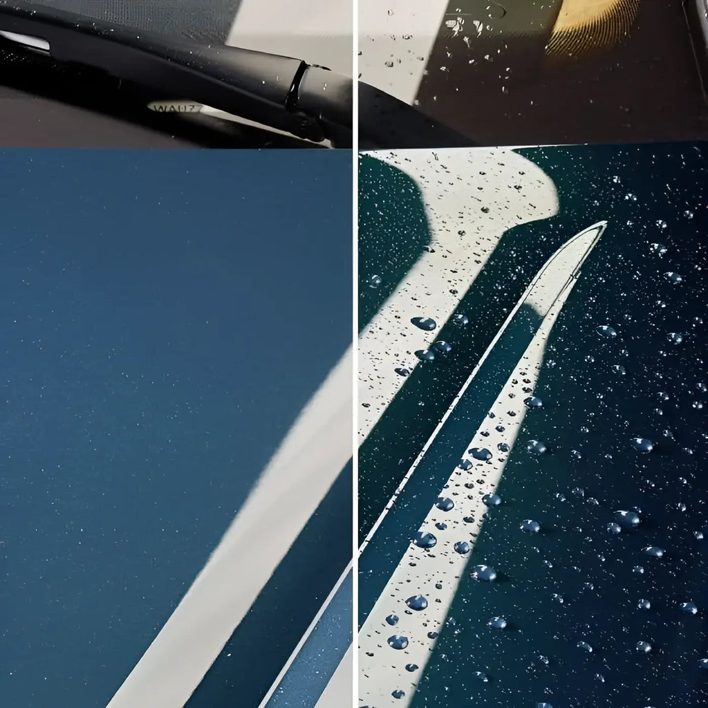Sonax autopolitur mit carnauba zeigt autoscheibe mit wassertropfen, schwarzem wischer und weißen rennstreifen auf blauem lack