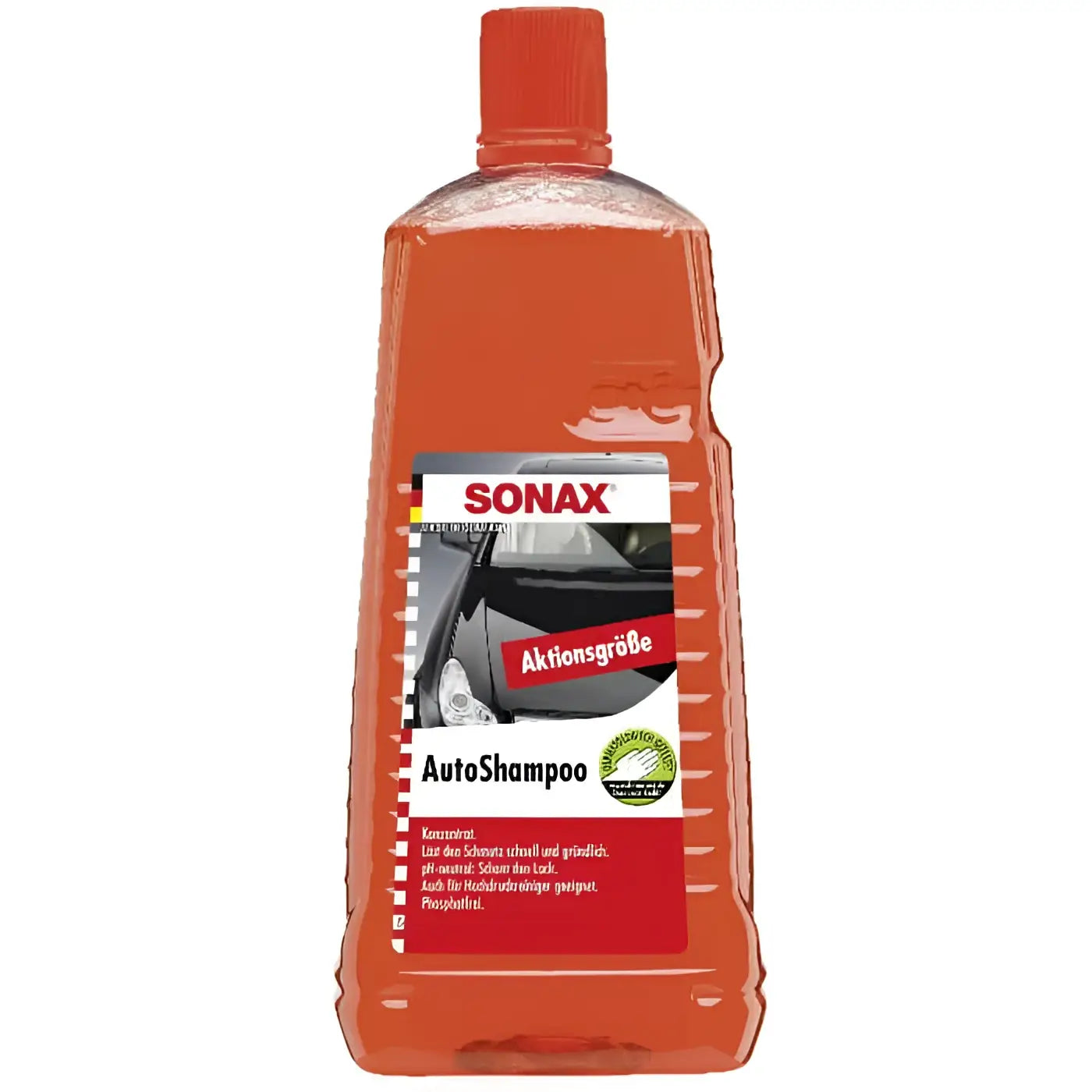 Orange sonax autoshampoo konzentrat 2l flasche mit rotem verschluss und strukturierter plastikverpackung