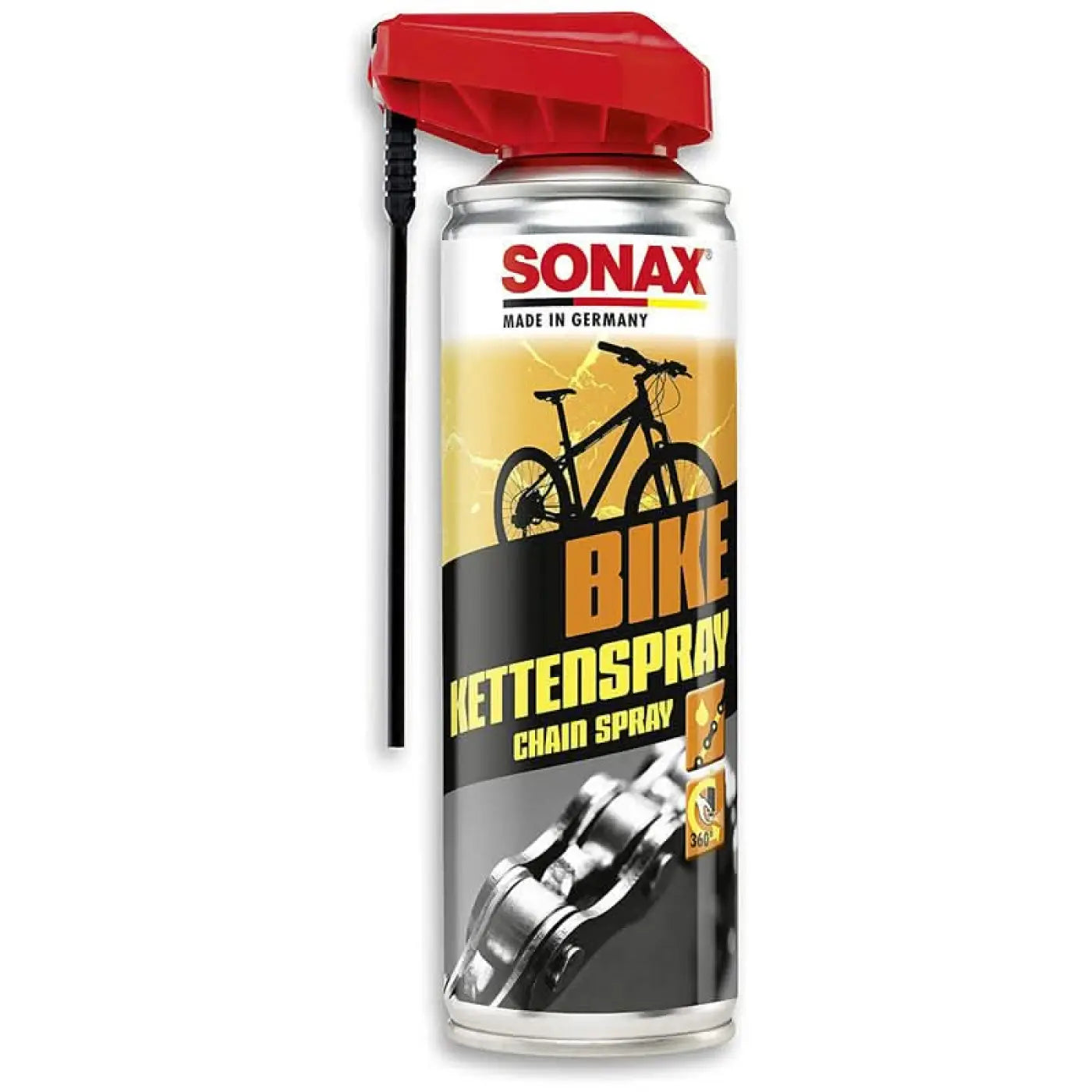 Sonax bike kettenspray mit easyspray 300ml in rot und silber mit rotem sprühkopf für fahrradkettenpflege