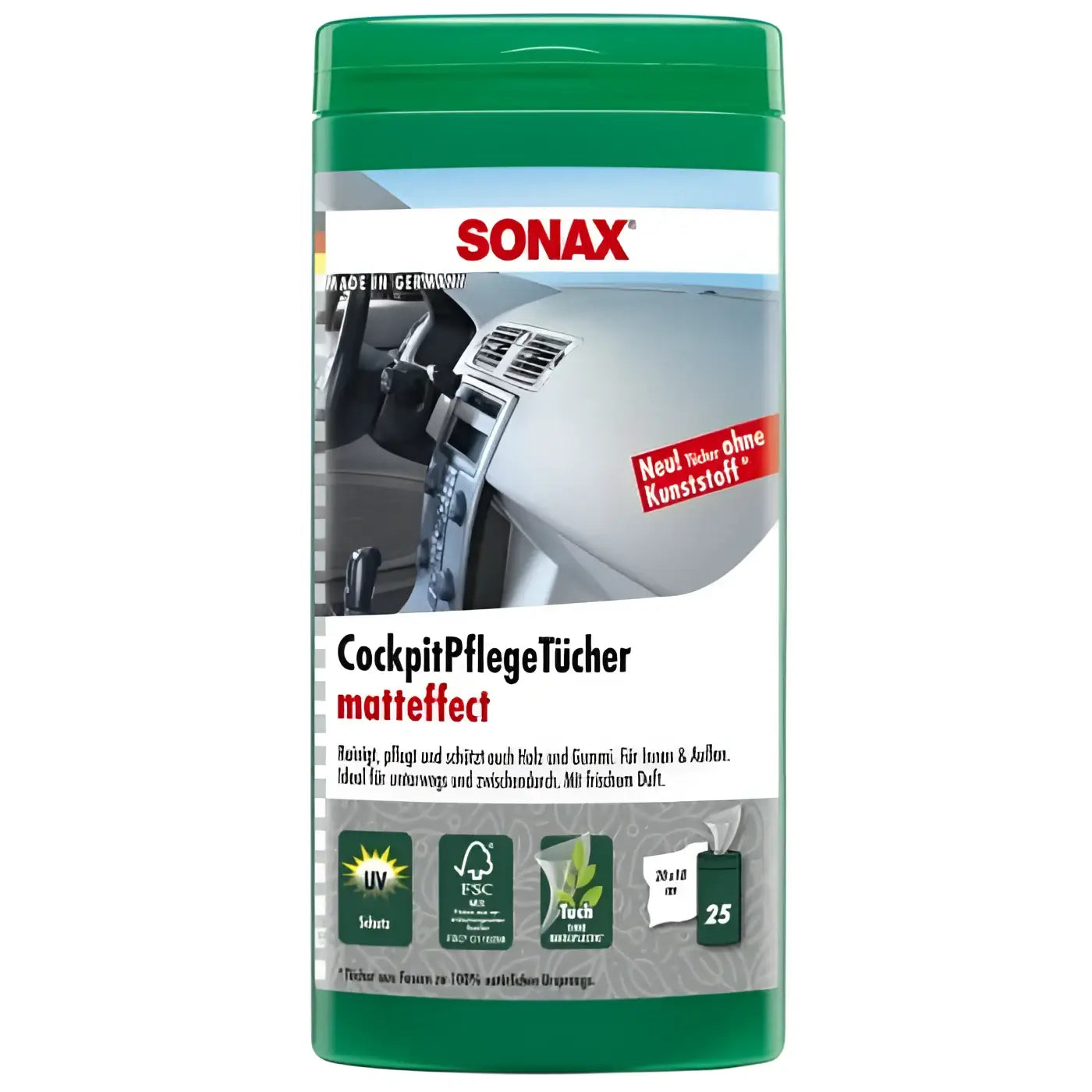 Grüner zylindrischer behälter sonax cockpit pflege tücher matteffect reinigungswischtücher für autoinnenräume