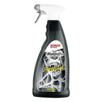 Schwarze plastik-sprühflasche mit weißer düse und sonax felgenbeast 1l etikett mit gorilla-gesicht und raddesign