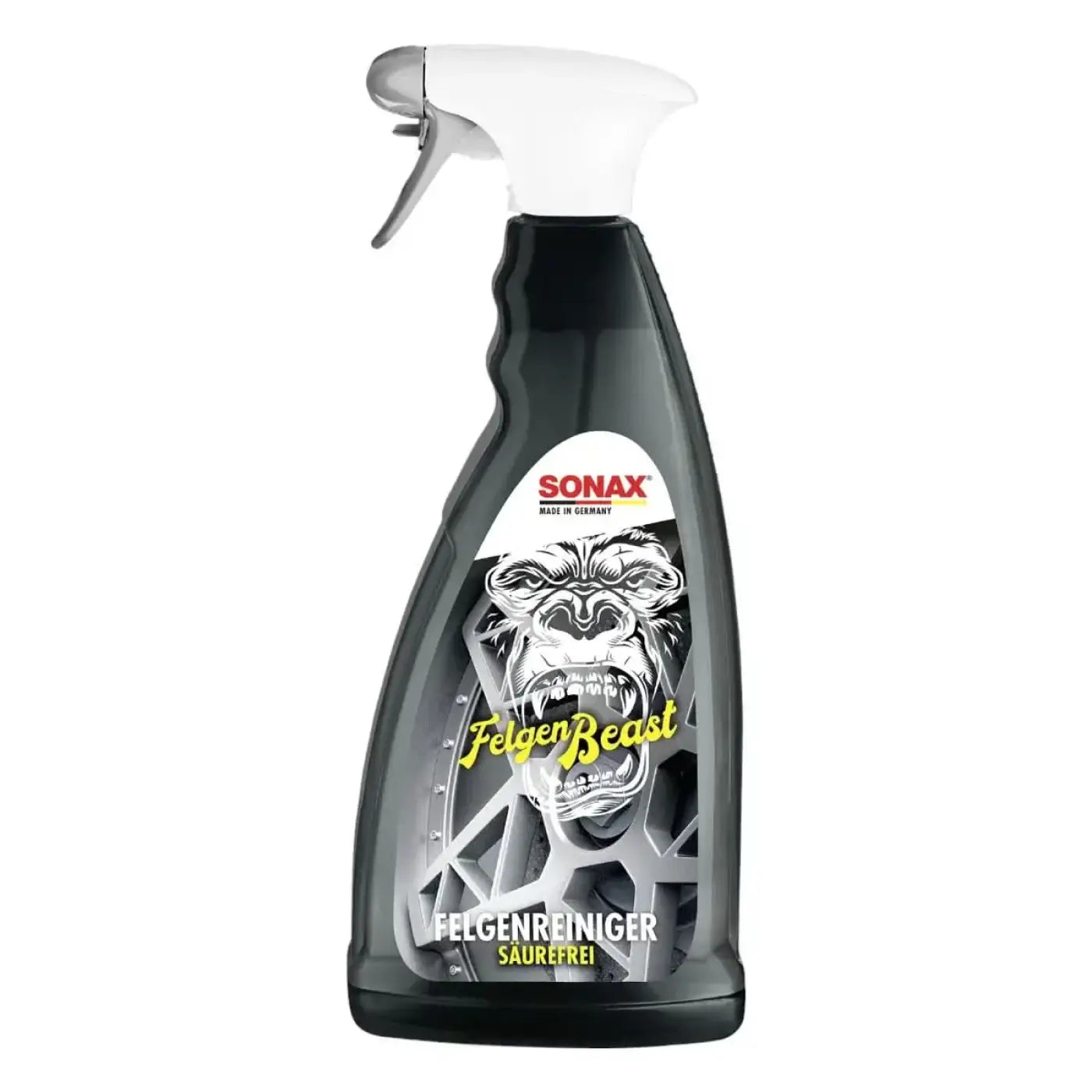 Schwarze plastik-sprühflasche mit weißer düse und sonax felgenbeast 1l etikett mit gorilla-gesicht und raddesign