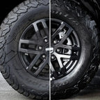 Black bfgoodrich all-terrain t a ko2 reifen auf mattschwarzem legierungsrad im produkt sonax felgenbeast 1l