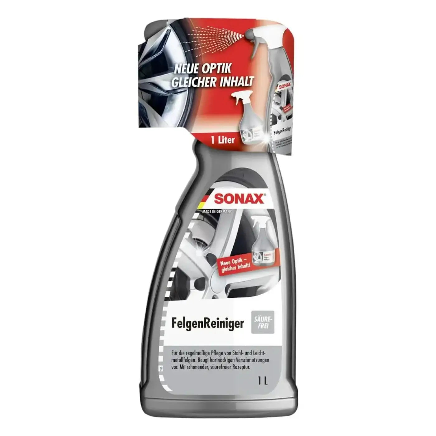 Silberne sonax felgenreiniger sprühflasche mit 1 liter fassungsvermögen zur radreinigung