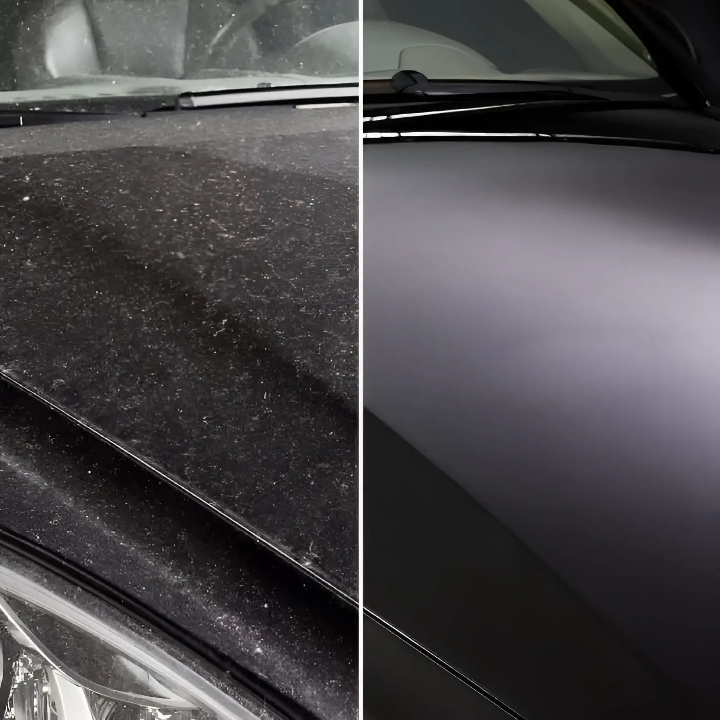 Schwarze motorhaube vor und nach der reinigung mit sonax glanzshampoo konzentrat zeigt glatte glänzende oberfläche