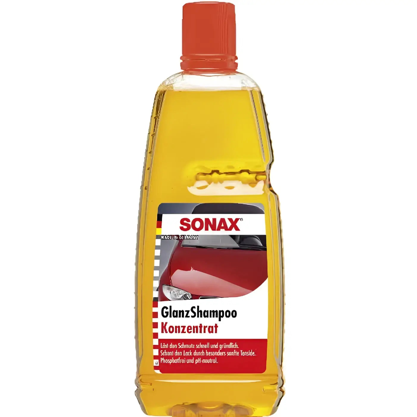 Eine klare plastikflasche mit rotem deckel enthält gelbe flüssigkeit und zeigt sonax glanzshampoo konzentrat für autos