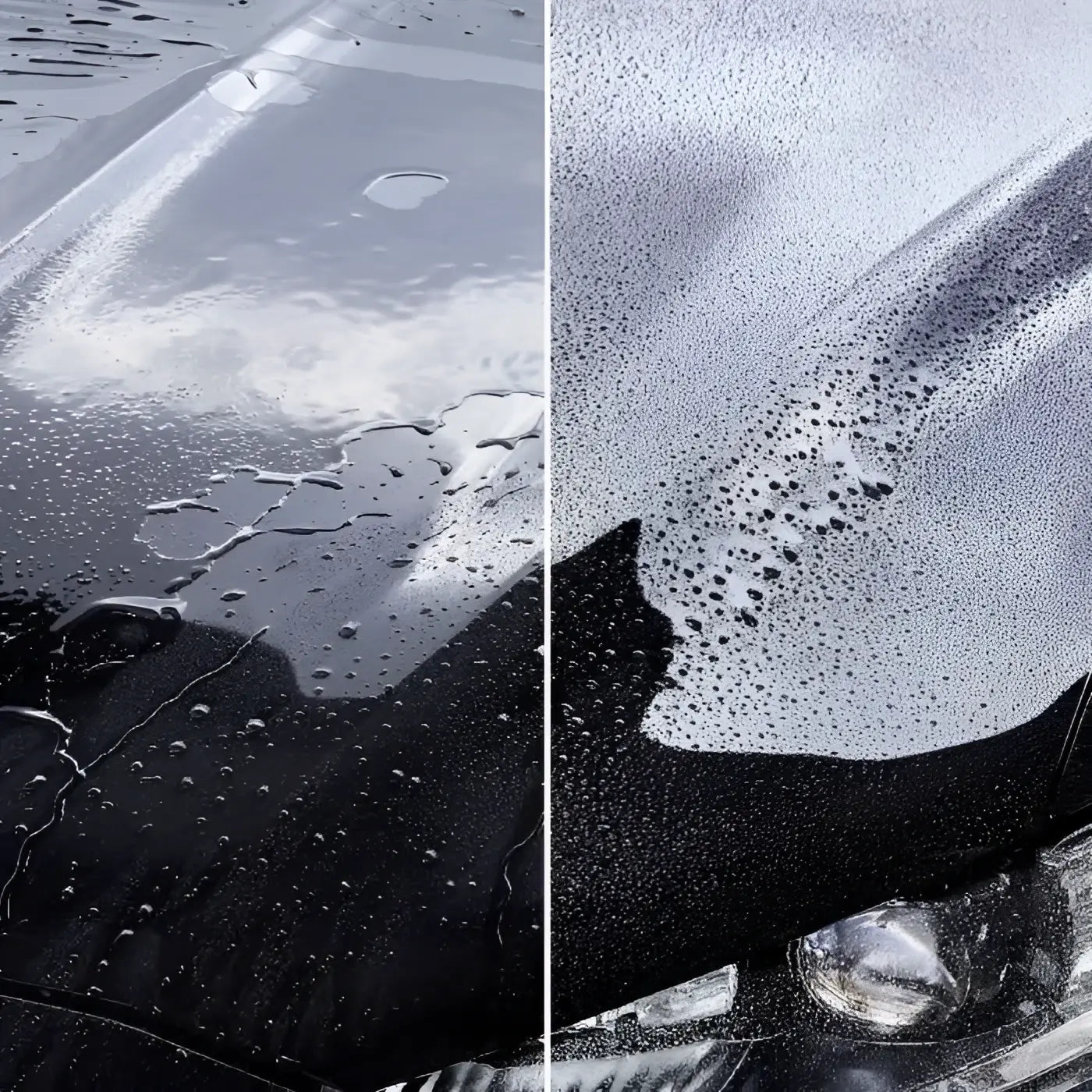Schwarze motorhaube mit wasserperlen auf glänzender oberfläche durch sonax highspeedwax 500ml behandelt