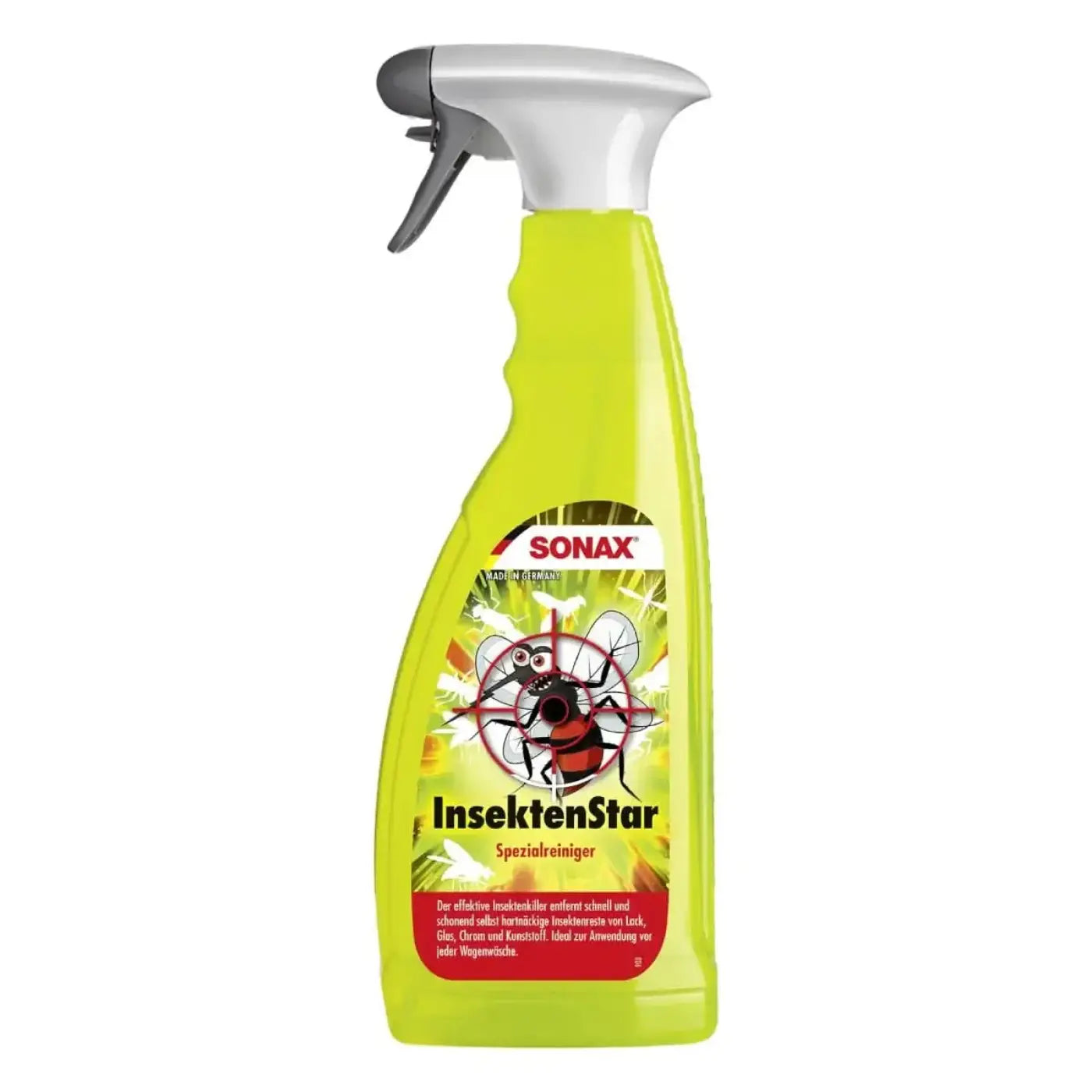 Bright lime-grüne kunststoffsprühflasche mit weiß-grauem trigger von sonax insektenspezialreiniger 750ml