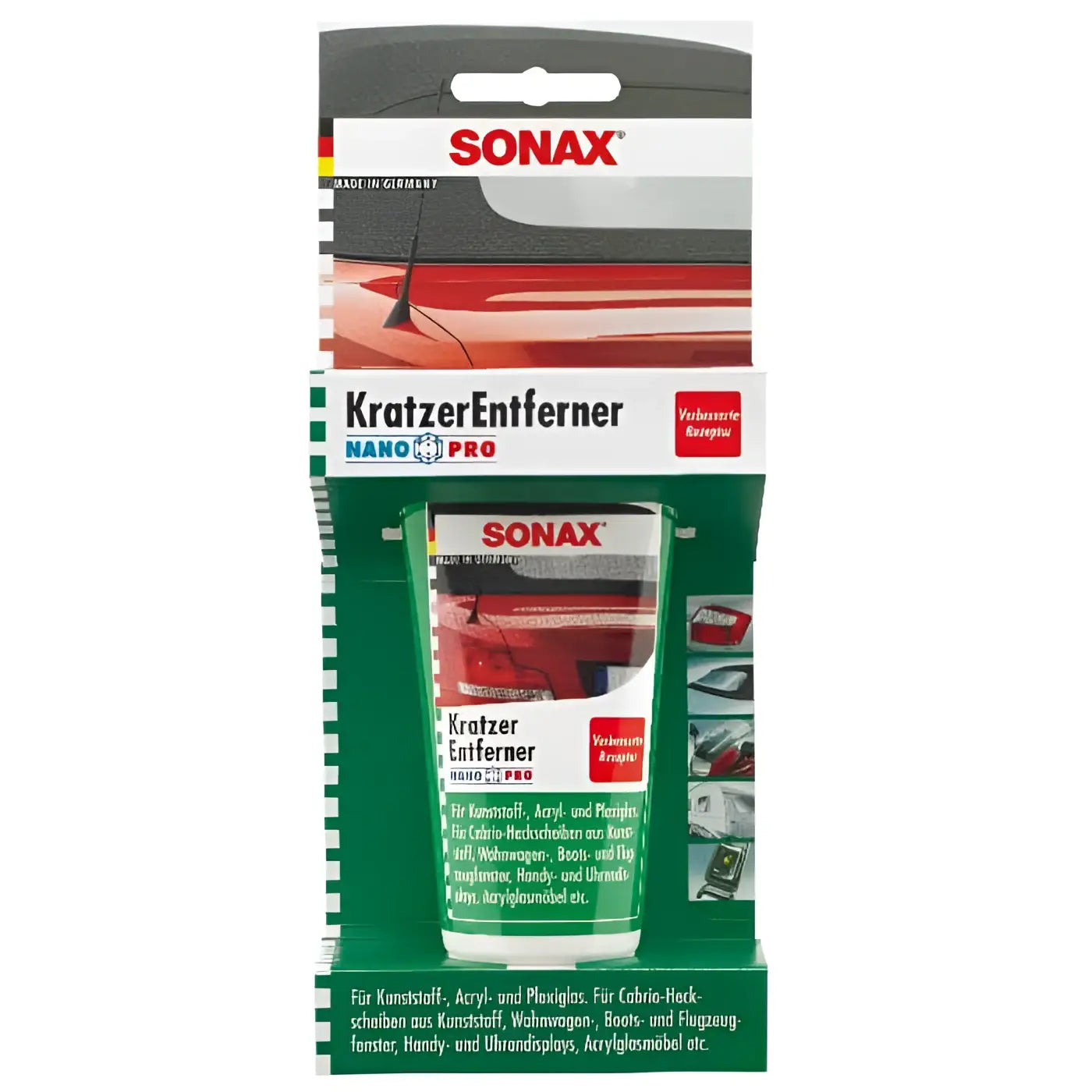 Sonax kratzerentferner kunststoff nanopron 75ml grün weißer tubus mit roten akzenten für kunststoff acryl und glasoberflächen