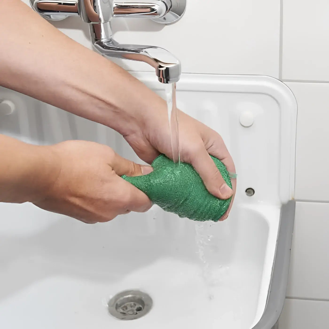 Grüner strukturierter sonax microfaserpflegepad wird unter fließendem wasser abgespült