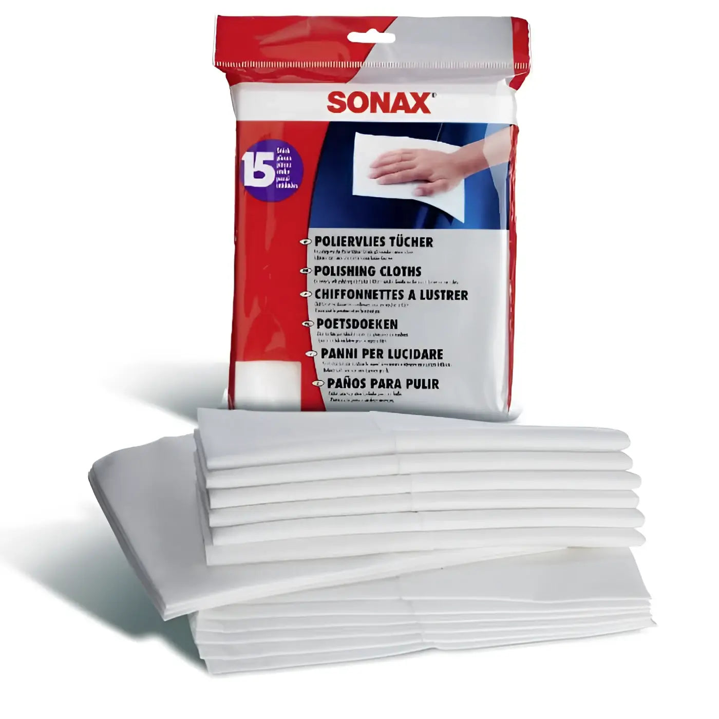 Ein stapel weißer weicher poliertücher aus vlies verpackt in rotem und silbernem sonax paket mit 15 stück