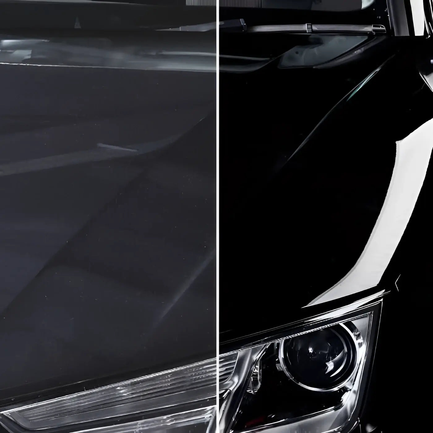 Sonax polish und wax color 500ml zeigt glänzende schwarze motorhaube mit chromakzenten und modernem scheinwerferdesign