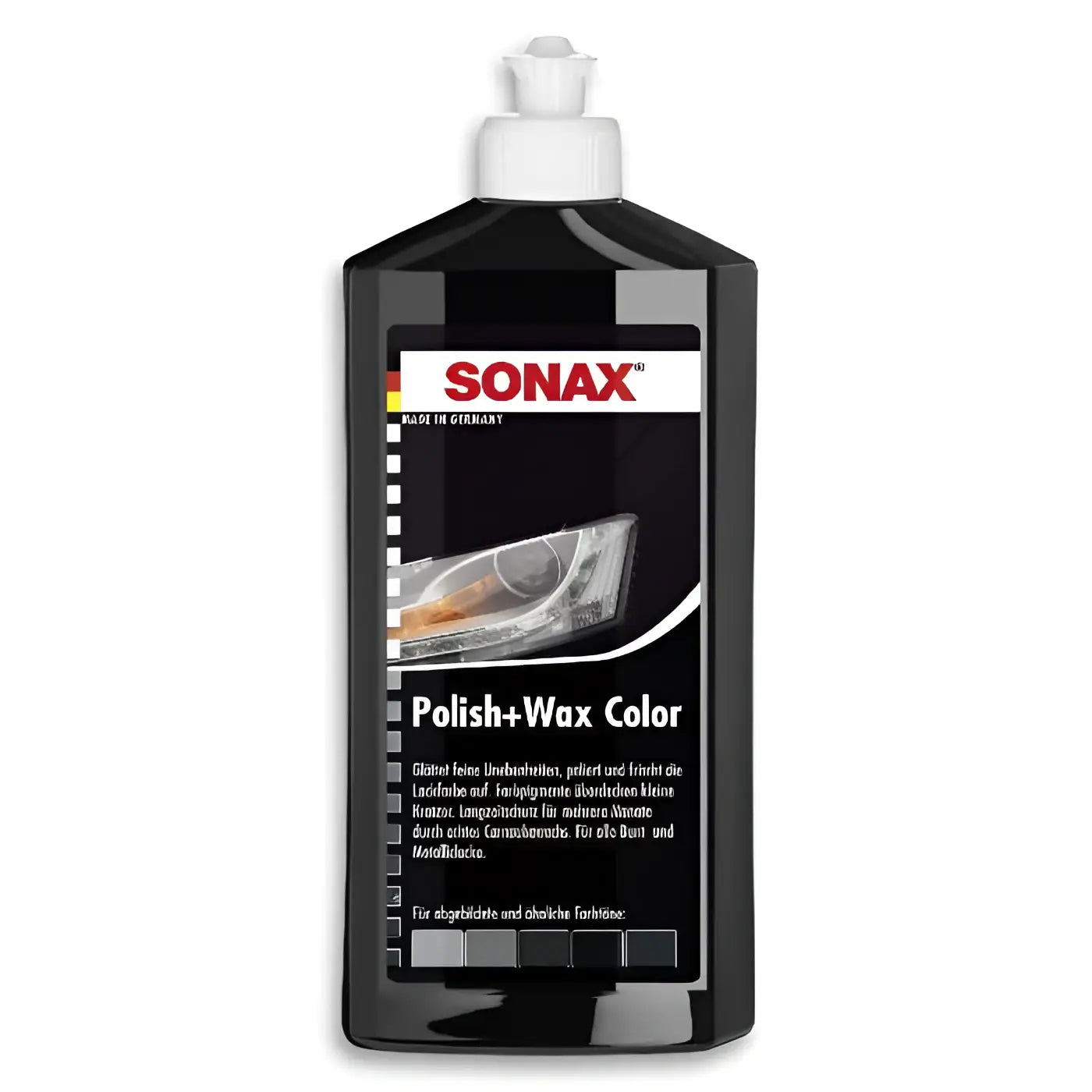 Schwarze sonax polish und wax color 500ml flasche mit weißem pumpenspender und autoscheinwerfer abbildung auf etikett