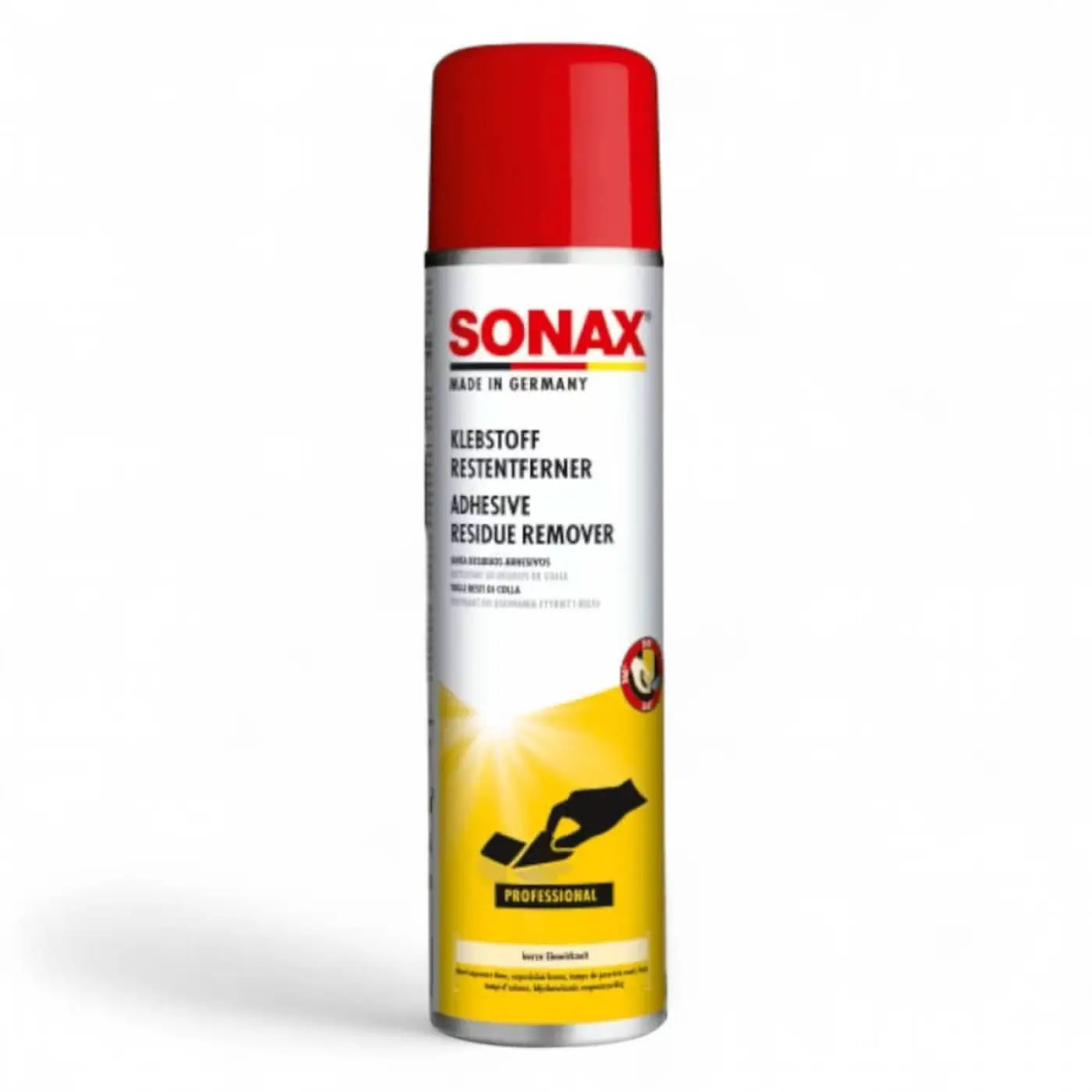 Sonax professional klebstoff-restentferner 400ml spraydose mit roter kuppe und weiß-gelbem etikett