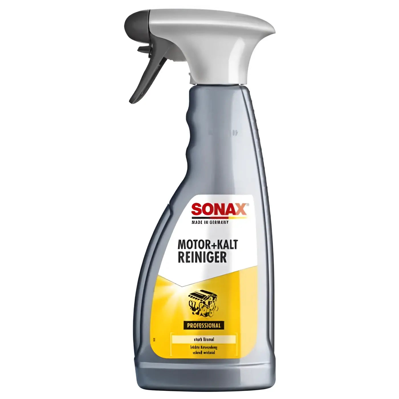 Sonax professional motor und kaltreiniger 500ml sprayflasche silber und gelb mit grauem abzuggriff