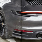 Ein dunkler grauer porsche 911 mit glänzendem finish und markanten roten rückleuchten neben sonax profiline actifoam energy 1l