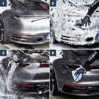 Ein dunkler grauer porsche 911 mit glänzendem finish und schwarzen felgen neben sonax profiline actifoam energy 1l