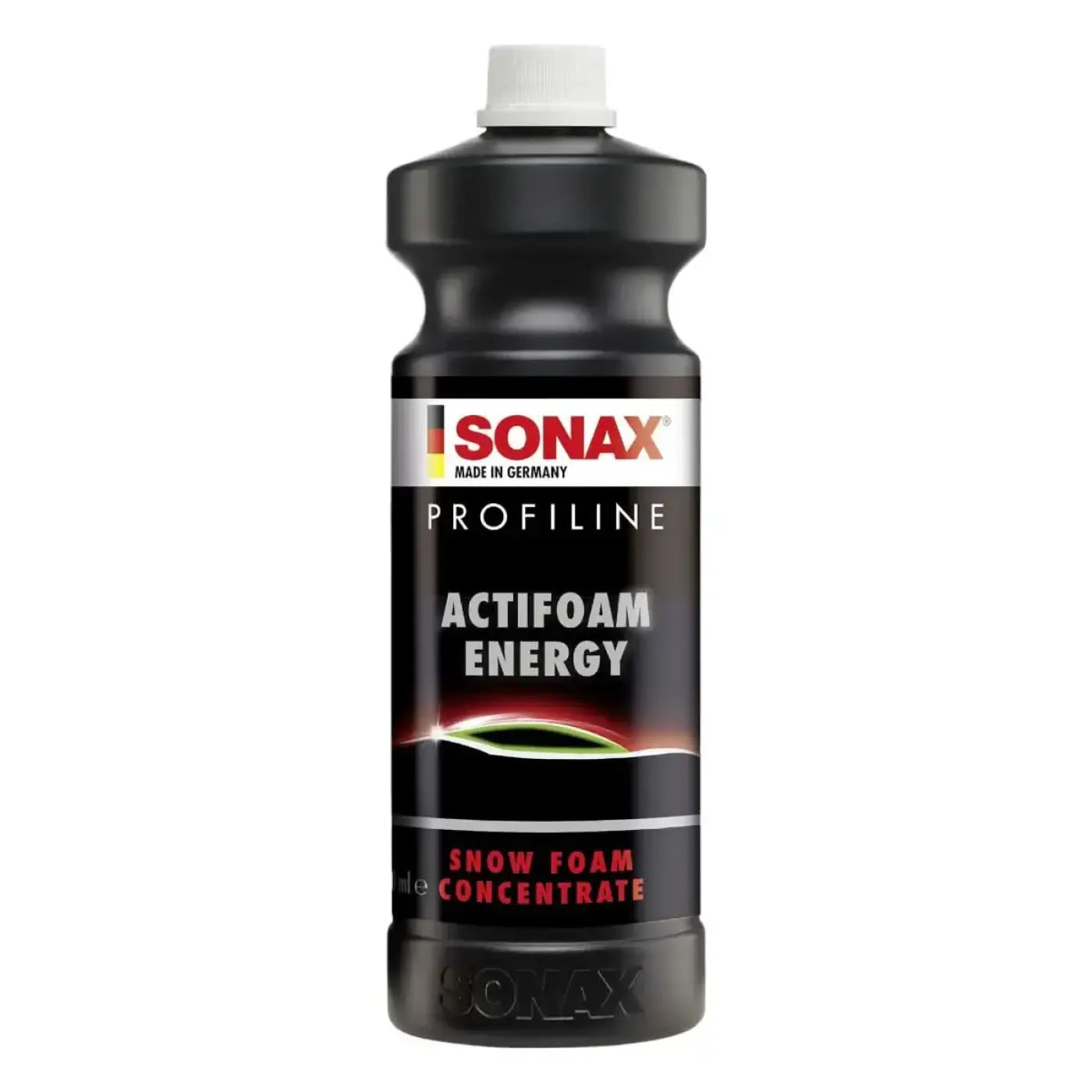 Schwarze kunststoffflasche sonax profiline actifoom energy schnee-schaum-konzentrat mit weißem deckel und rot-weißem etikett