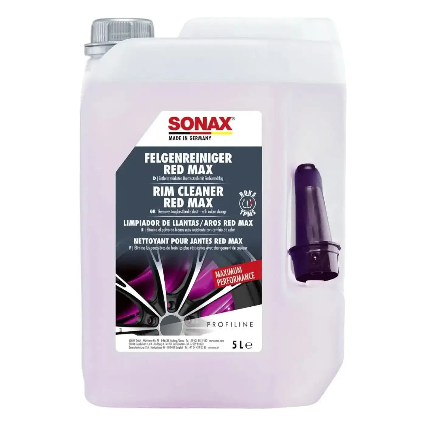 Sonax profiling felgenreiniger red max 5l roter felgenreiniger in transparentem weißem 5-liter kanister mit lila sprühkopf
