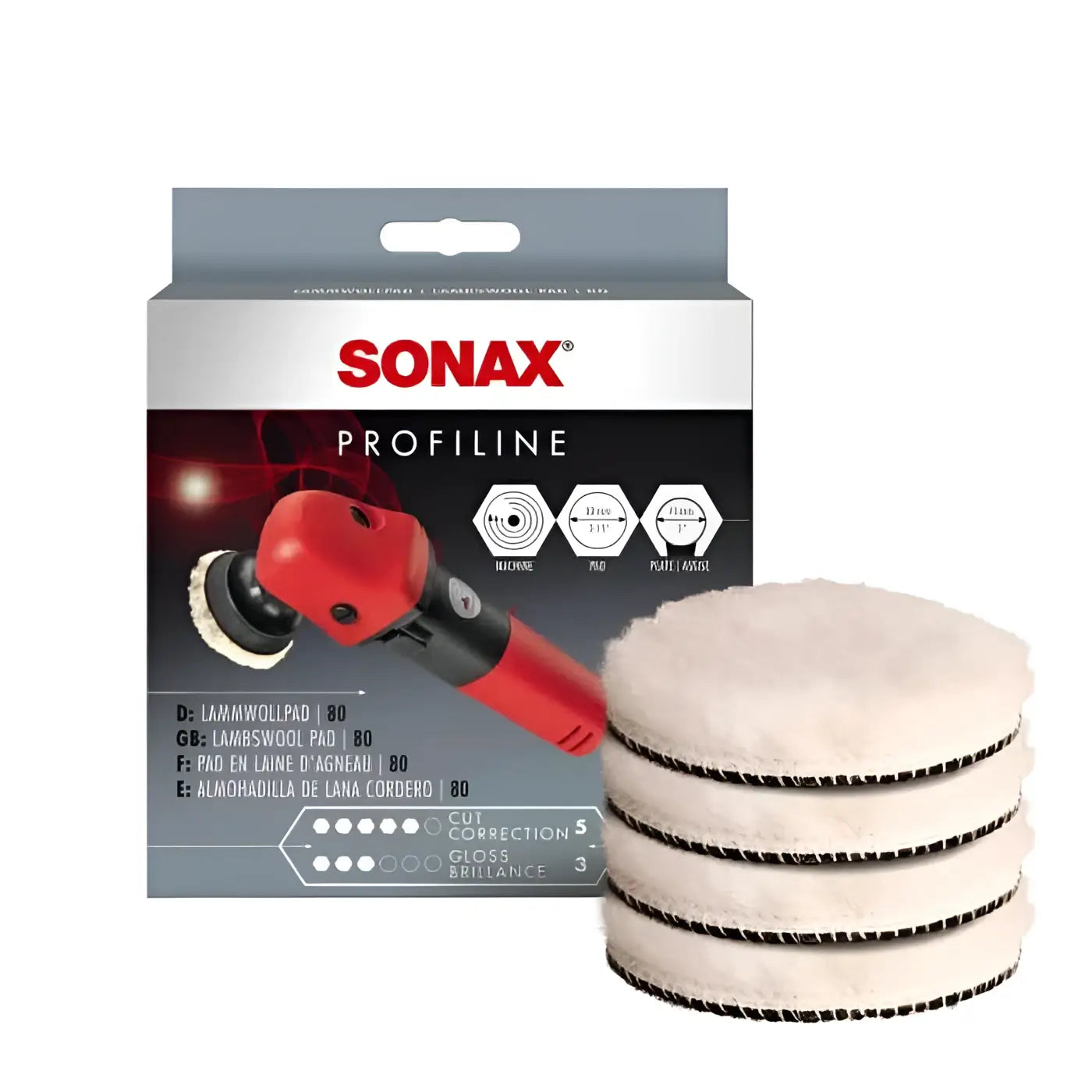 Stapel weißer lambswollpolierpads für sonax profiline detailing system für professionelle fahrzeugpflege