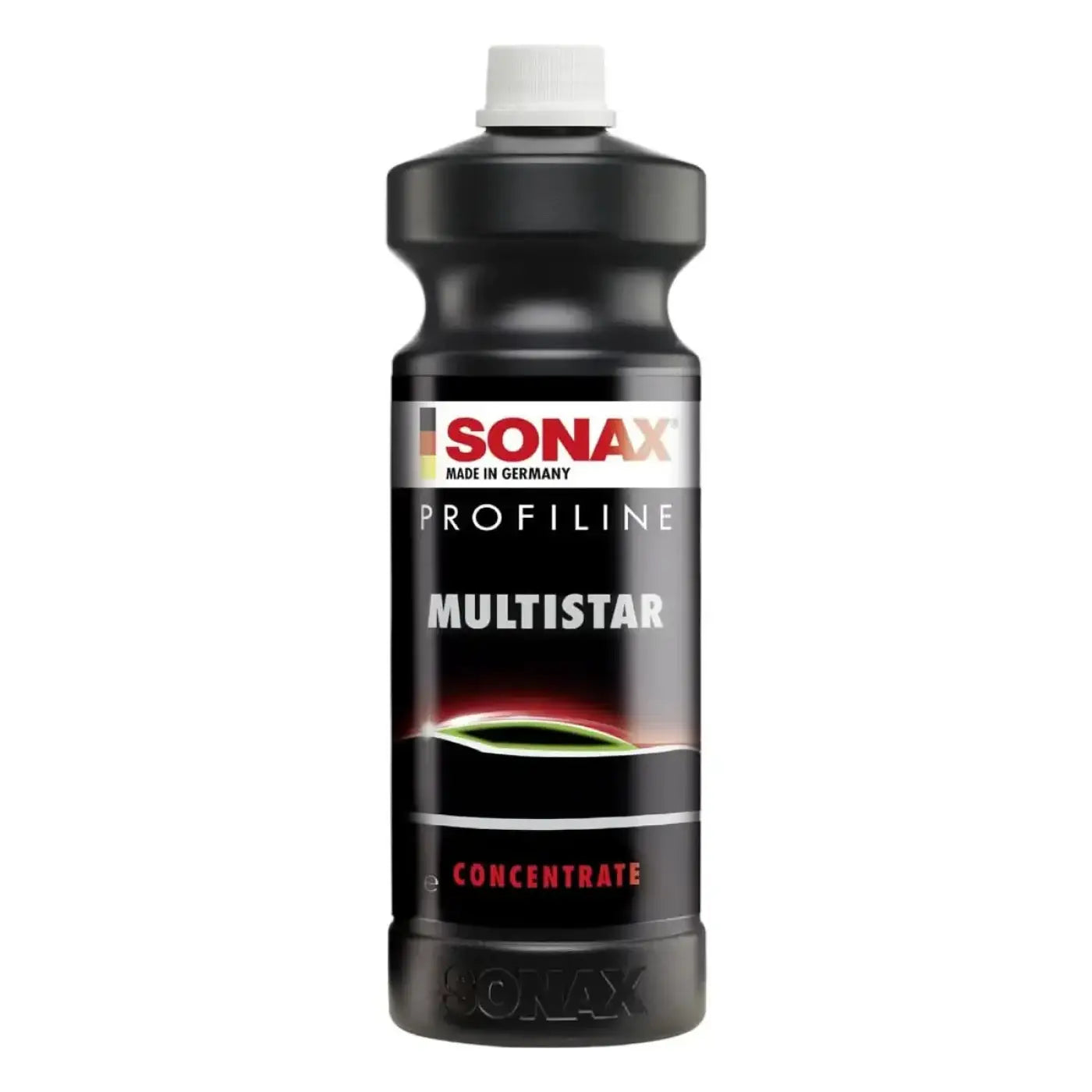 Schwarze plastikflasche mit weißem verschluss sonax profi line multistar concentrate etikett in rot und silber