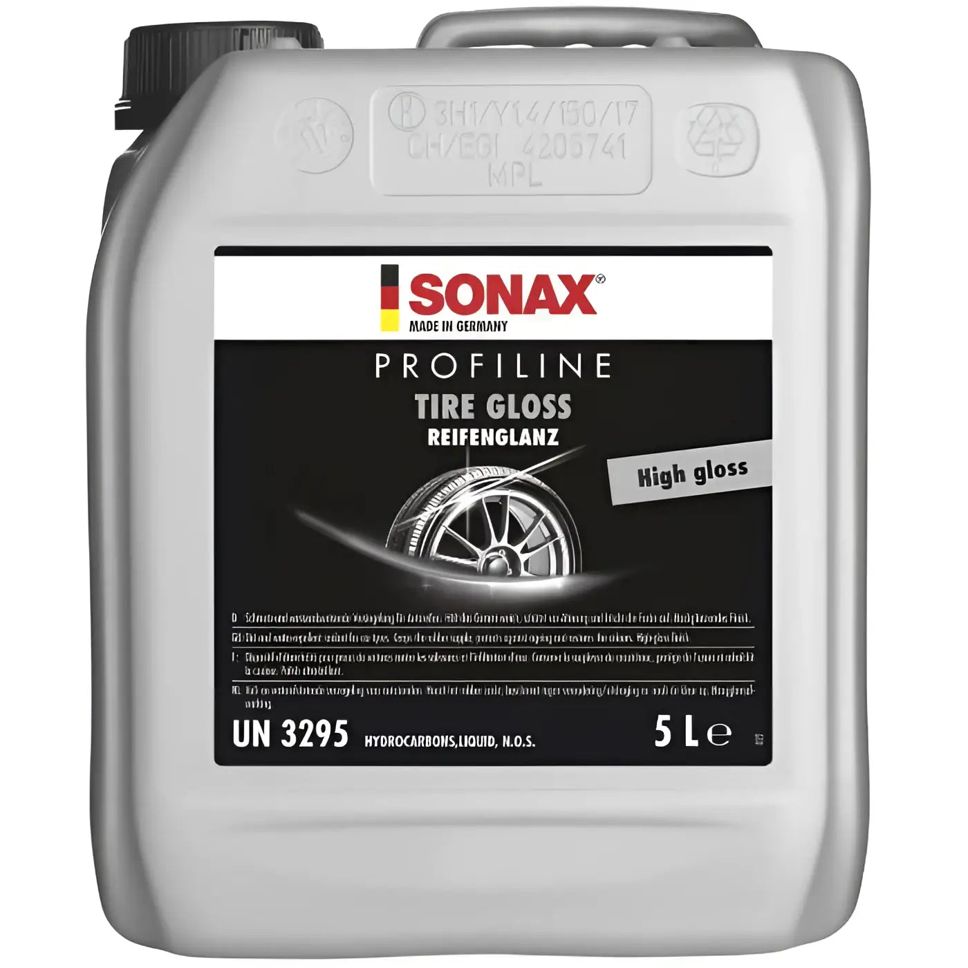 Silberner kunststoffkanister mit schwarzem deckel und sonax profiline tire gloss label für reifenglanz 5l