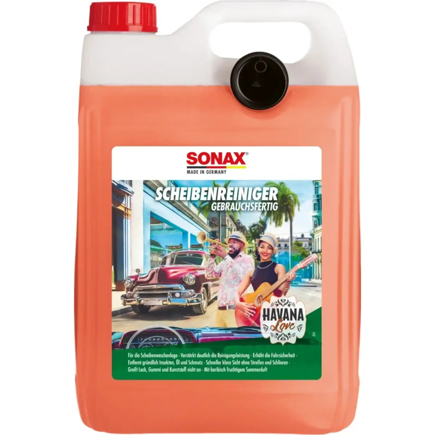 Sonax scheibenreiniger gebrauchsfertig 5l orange flüssigkeit in weißem und rotem kunststoffkanister mit havana love design