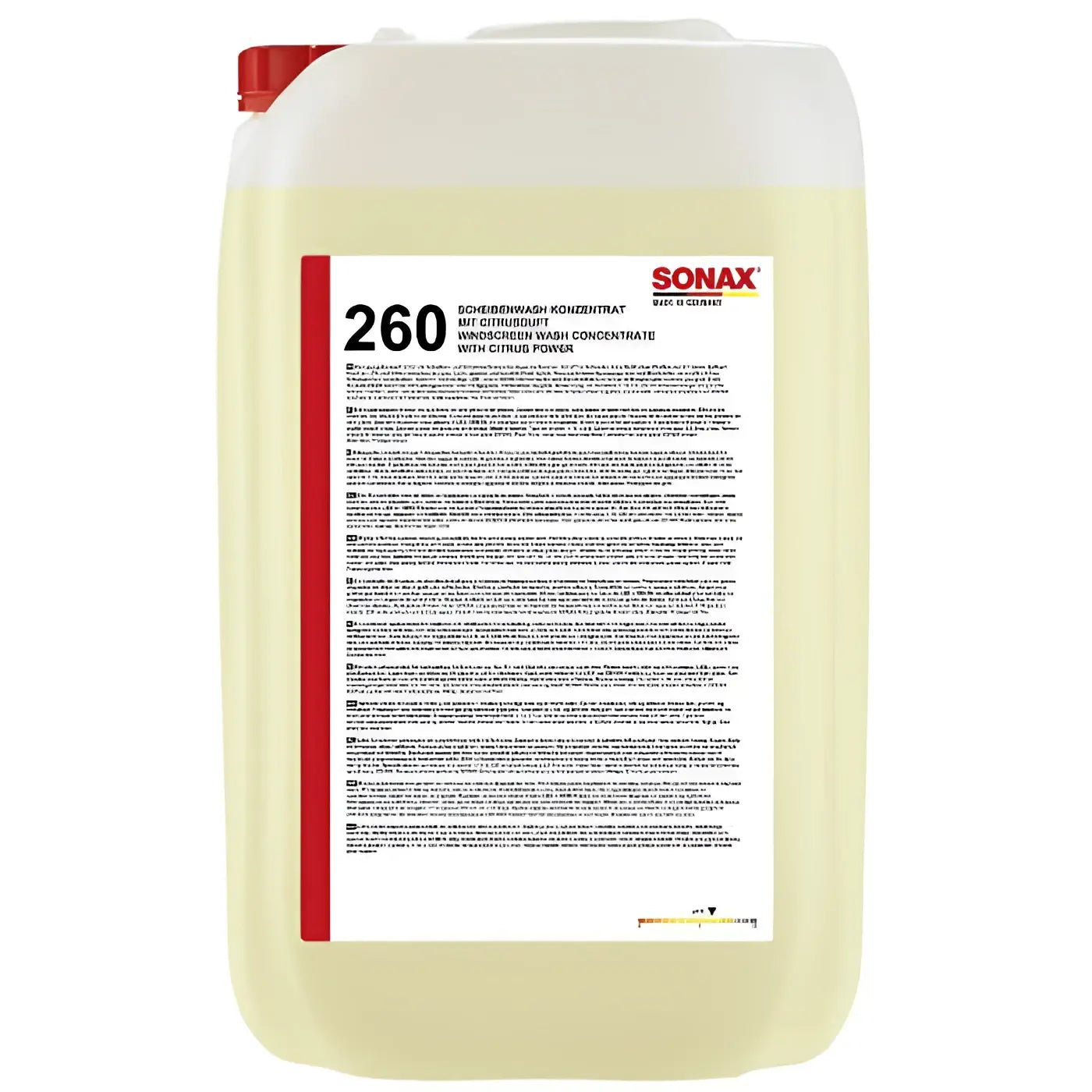 Weiße plastikflasche mit rotem verschluss und etiket sonax 260 für scheibenwaschkonzentrat mit citrusduft
