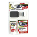 Sonax scheinwerfer aufbereitungsset mit klarem kunststoffbeutel und rotem branding für scheinwerferpolitur und versiegelung