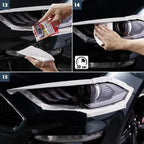 Schwarzer autoscheinwerfer mit klarem glas und silberner zierleiste, teilweise mit weißem masking tape beim sonax scheinwerfer aufbereitungsset