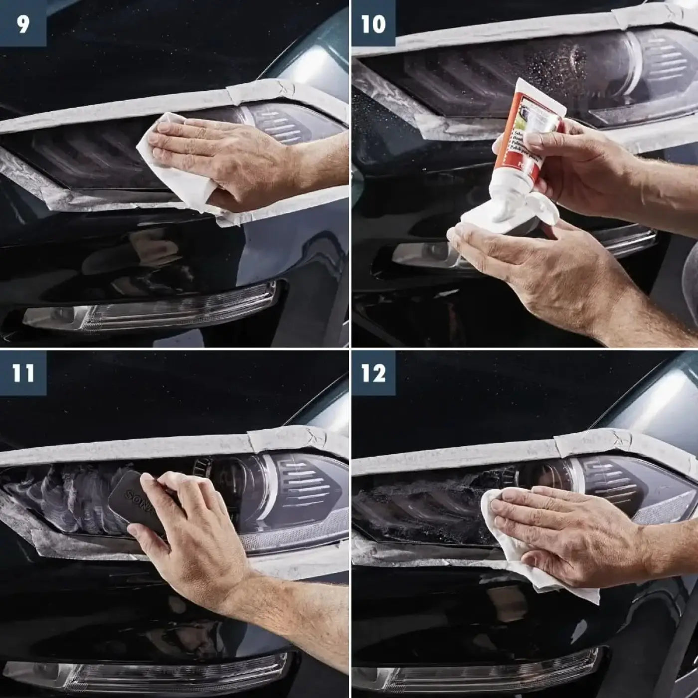 Schwarzes auto scheinwerfer wird mit weißem tuch und klarer schutzbeschichtung aus dem sonax scheinwerfer aufbereitungsset gereinigt