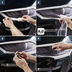 Weißer malerklebeband an der kanten eines autoscheinwerfers mit sonax scheinwerfer aufbereitungsset