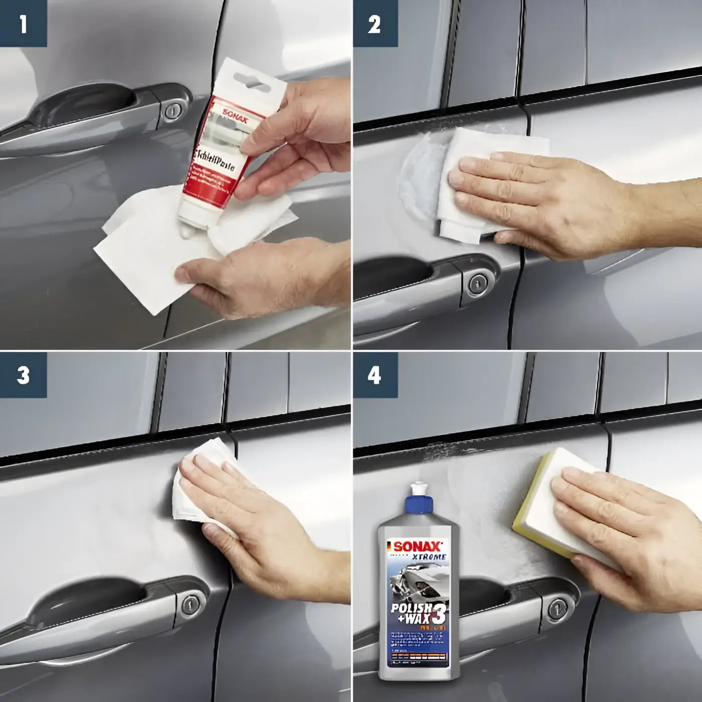 Sonnax xtreme polish und wax 3 in 1 autopflegeprodukt in einer flasche mit blauem verschluss und silbernem etikett