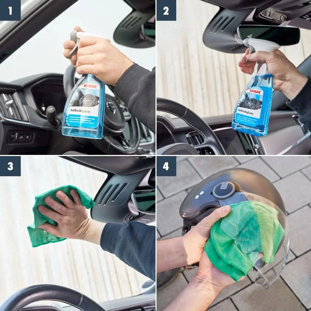 Blauer transparenter sprayflasche mit weißer düse und schwarzem abzug sonax antibakterieller spray antibeschlag spray 500ml